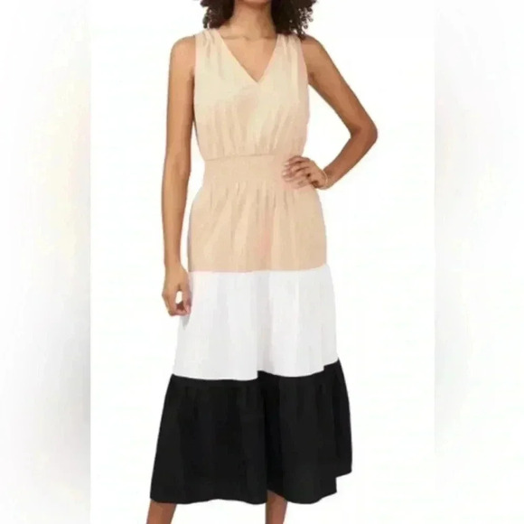 Anthropologie Maeve State Colorblock Maxi Dress Smocked Tan White Black - Picture 1 of 5